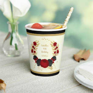  dark red & black flowers gold botanical wreath paper cups