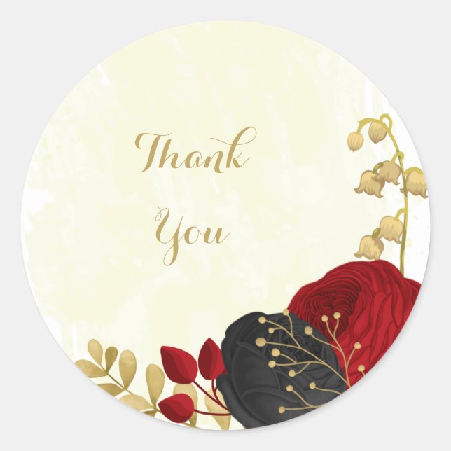  dark red & black flowers gold classic round sticker (Front)
