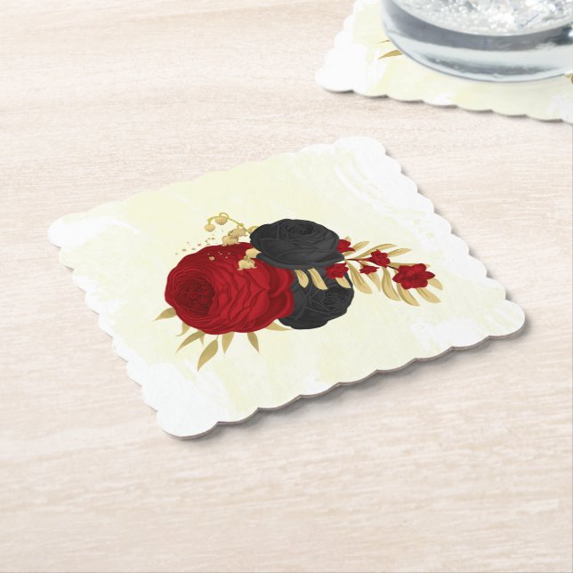  dark red & black flowers gold  paper coaster (Angled)
