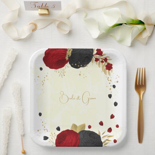  dark red & black flowers gold paper plate (Wedding)
