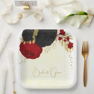  dark red & black flowers gold paper plate