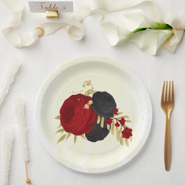  dark red & black flowers gold  paper plate (Wedding)