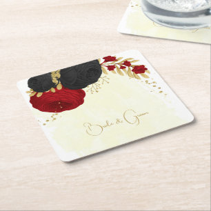 dark red & black flowers gold square paper coaster