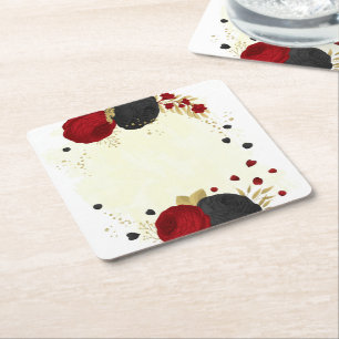  dark red & black flowers gold  square paper coaster