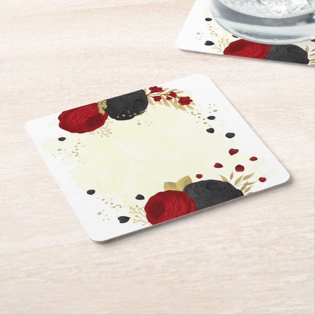  dark red & black flowers gold  square paper coaster (Angled)