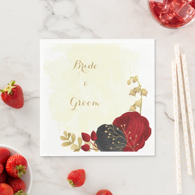  dark red & black flowers gold wedding napkin (Insitu)