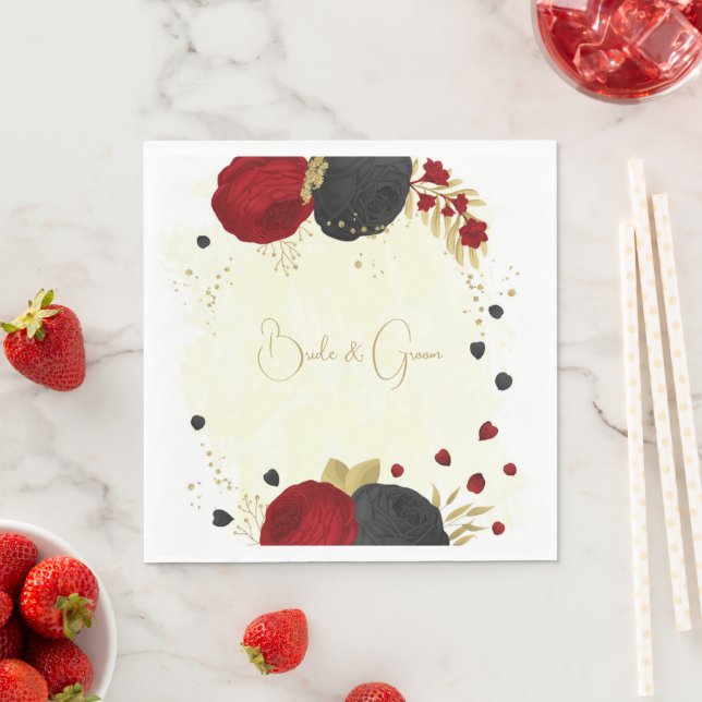  dark red & black flowers gold wedding napkin (Insitu)