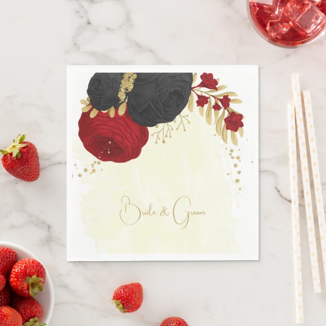  dark red & black flowers gold wedding napkins (Insitu)