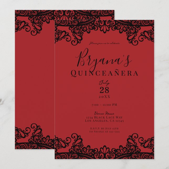 Dark Red & Black Lace Elegant Quinceañera  Invitation (Front/Back)