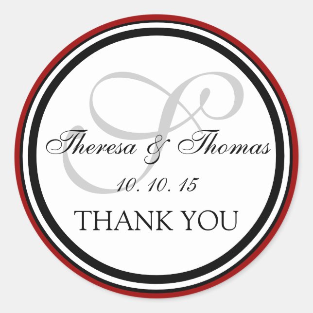 Dark Red Black Monogram S Wedding Thank You Classic Round Sticker (Front)