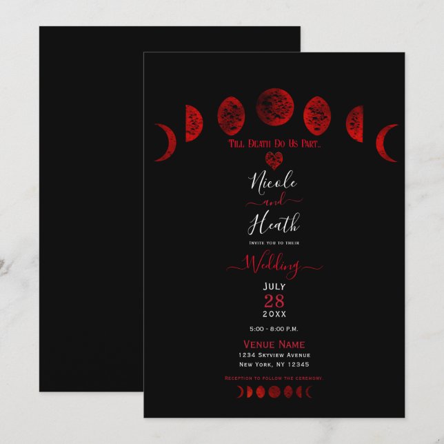 Dark Red & Black Moon Phases Gothic Wedding  Invitation (Front/Back)