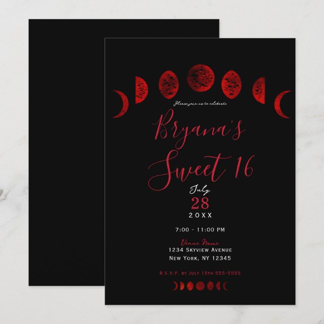 Dark Red Black Moon Phases Gothic Wedding Sweet 16 Invitation (Front/Back)