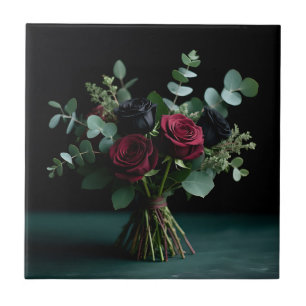 Dark Red Black Rose Bouquet Elegance Tile