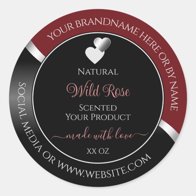 Dark Red Black Wavy Silver Hearts Product Labels (Front)