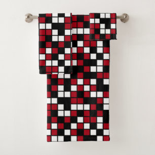 Dark Red, Black, White Random Mosaic Squares Bath Towel Set