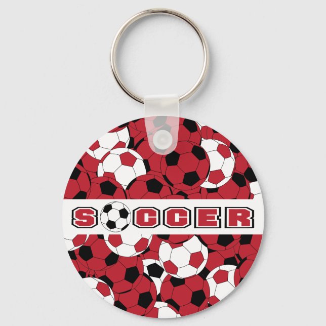 Dark Red, Black & White Soccer Ball Key Ring (Front)