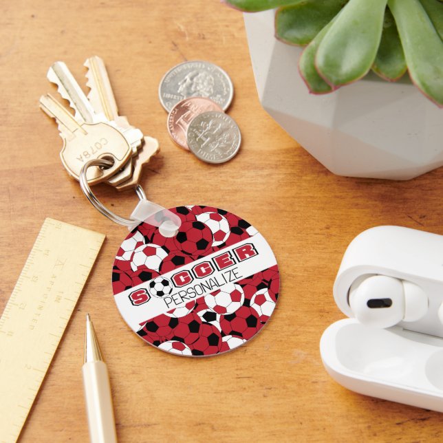 Dark Red, Black & White Soccer Ball Key Ring (Desk)