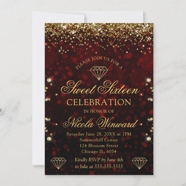 Dark Red Bokeh & Gold Glitter Sweet 16 Invitation (Front)