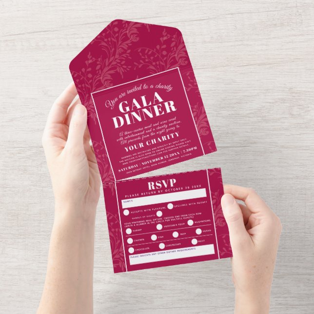 Dark red botanical pattern gala dinner event  all in one invitation (Tearaway)