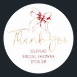 Dark Red Bow Favors Bridal Shower Thank You  Classic Round Sticker<br><div class="desc">Add a Touch of Charm with These Elegant Red Bow Thank You Stickers. Looking to give your party favors and gifts that perfect finishing touch? These red and gold bow thank you stickers are just what you need! Featuring a beautiful watercolor bow paired with graceful, handwritten-style script, they bring a...</div>
