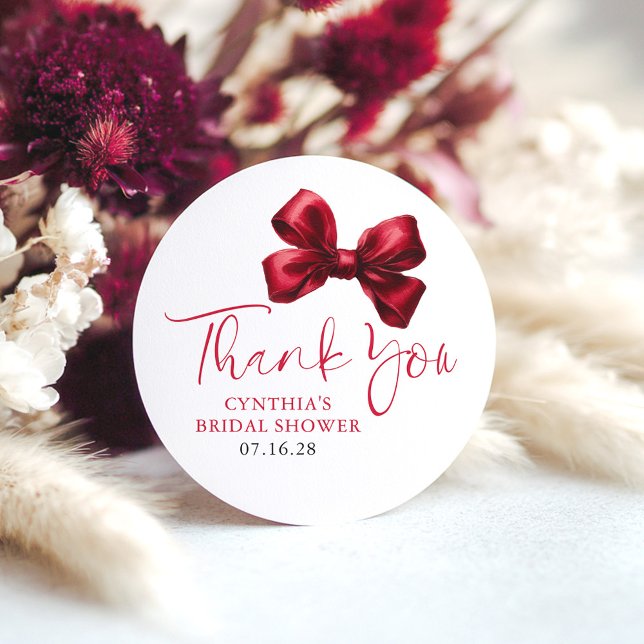 Dark Red Bow Favours Bridal Shower Thank You  Classic Round Sticker (Red Bow Thank You Stickers)