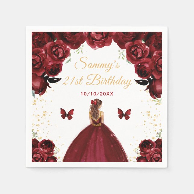 Dark Red Brown Hair Princess Birthday Party Napkin (Front)