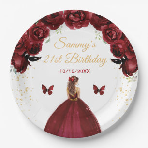 Dark Red Brown Hair Princess Birthday Party Paper Plate