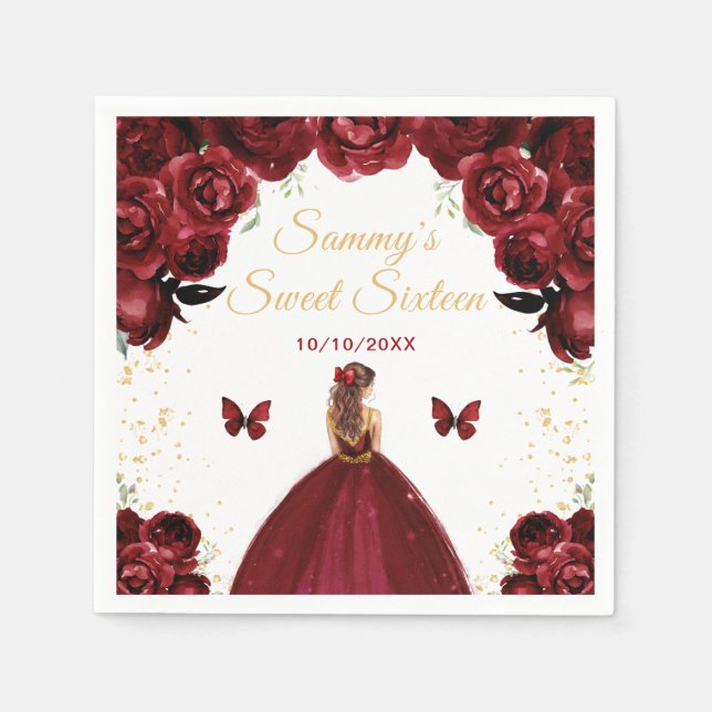 Dark Red Brown Hair Princess Sweet Sixteen Napkin (Front)