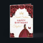Dark Red Brunette Hair Girl Sweet Sixteen Birthday Card<br><div class="desc">This elegant and glamourous sweet sixteen birthday card can be personalised with a name or title such as daughter, granddaughter, niece, friend etc. The design features a beautiful princess with brunette hair in a burgundy red ball gown. The text combines handwritten script and modern sans serif fonts for a classy...</div>