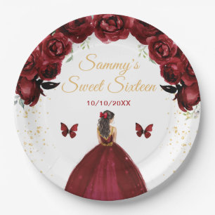 Dark Red Brunette Hair Princess Sweet Sixteen Paper Plate