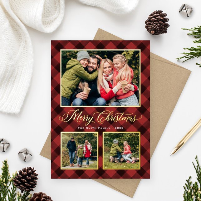 Dark Red Buffalo Plaid Christmas Photo Collage Foil Holiday Card (Creator Uploaded)