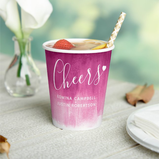 Dark red burgundy abstract art wedding paper cups (Insitu)