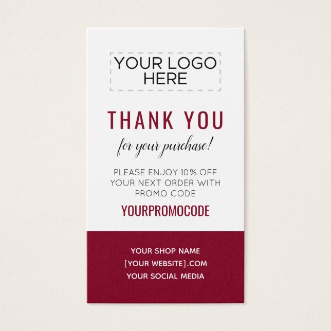 Dark Red Burgundy Custom Promo Code Discount Card (Front)