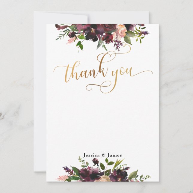 Dark Red Burgundy Floral Gold Flat Thank You Card (Front)