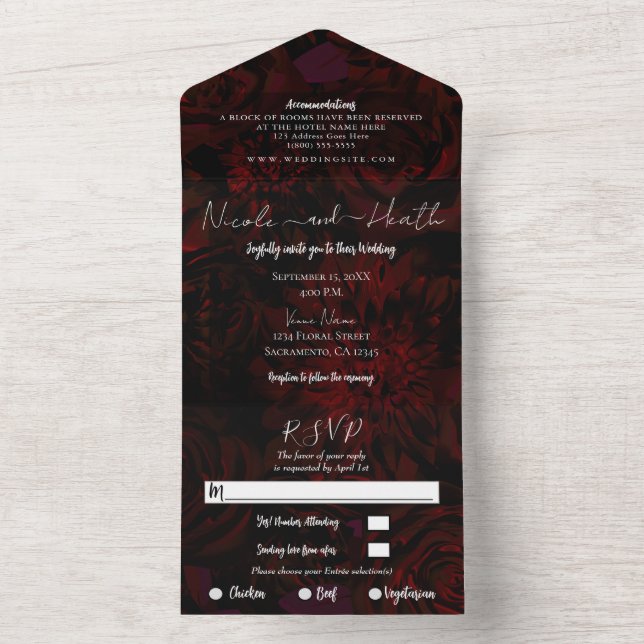 Dark Red Burgundy Floral Wedding Photo   All In One Invitation (Inside)