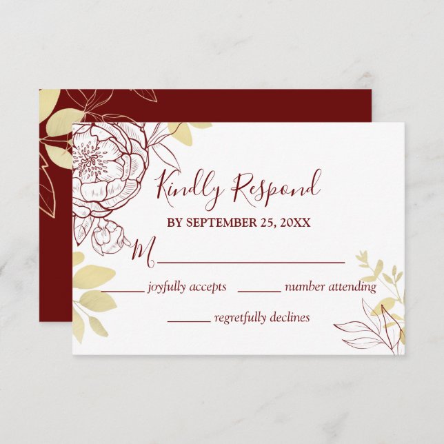 Dark Red Burgundy & Gold Peony Floral Wedding RSVP Card (Front/Back)