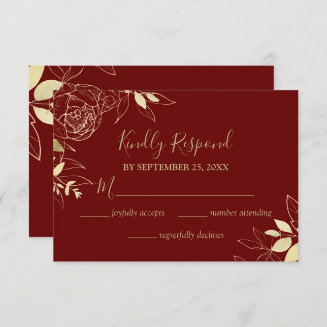 Dark Red Burgundy & Gold Peony Floral Wedding RSVP Card (Front/Back)