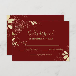 Dark Red Burgundy & Gold Peony Floral Wedding RSVP Card