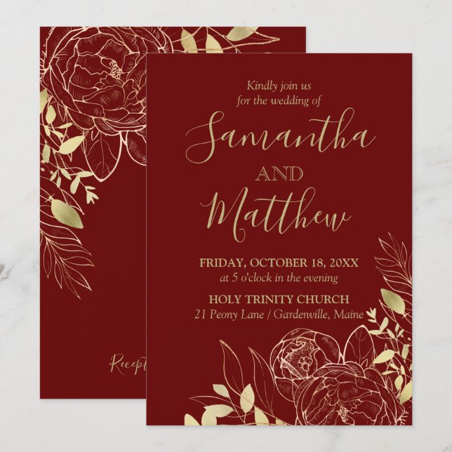 Dark Red Burgundy & Gold Peony Modern Wedding Invitation (Front/Back)