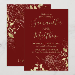 Dark Red Burgundy & Gold Peony Modern Wedding Invitation