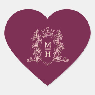 Dark red burgundy peach crown monogram wedding heart sticker