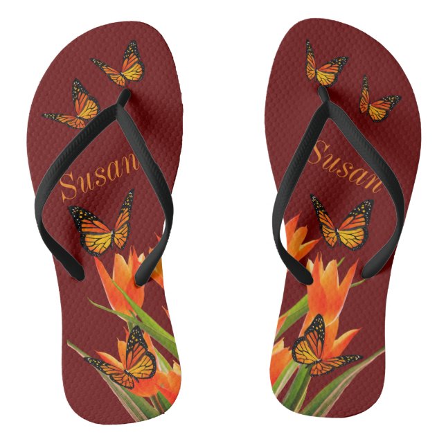 Dark Red Butterflies Pair of Flip Flops (Footbed)