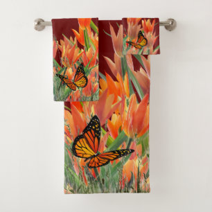 Dark Red Butterflies & Tulips Bath Towel Set