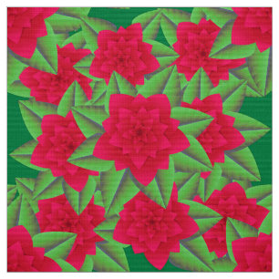 Dark Red Camellias and Green Leaves Fabric