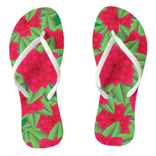 Dark Red Camellias and Green Leaves Flip Flops