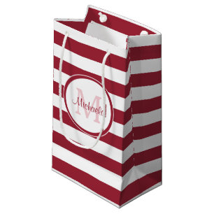 Dark Red Candy Stripes With Fashionable Monogram Small Gift Bag