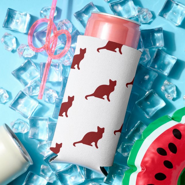 Dark red cat pattern on white seltzer can cooler (In Situ Summer)