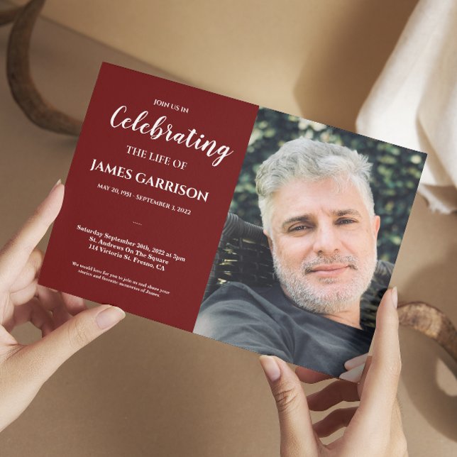 Dark Red Celebration of Life With Photo Funeral Invitation (Creator Uploaded)