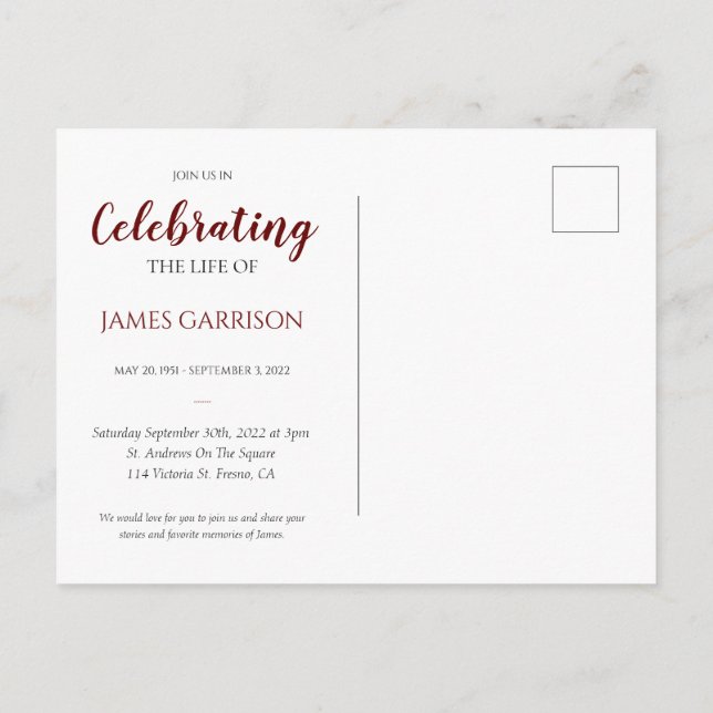 Dark Red Celebration of Life With Photo Funeral Postcard (Back)