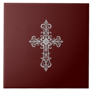 Dark Red Ceramic Tile with Silver Cross